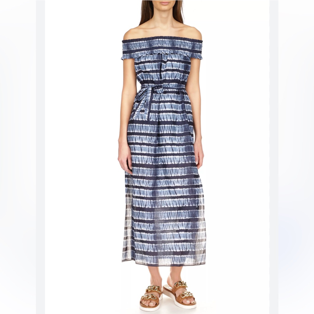 Micheal Michael Kors Nwt Shibori Off The Shoulder Chambray White Midi Dress